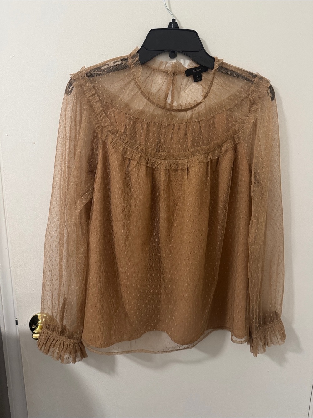 J. Crew Sheer Dotted Ruffle Blouse in Tan